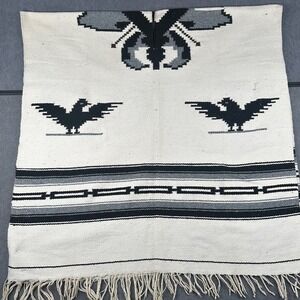 Vintage Mexican Thunderbird Poncho Woven Geometric Fringe Cream Black Grey
